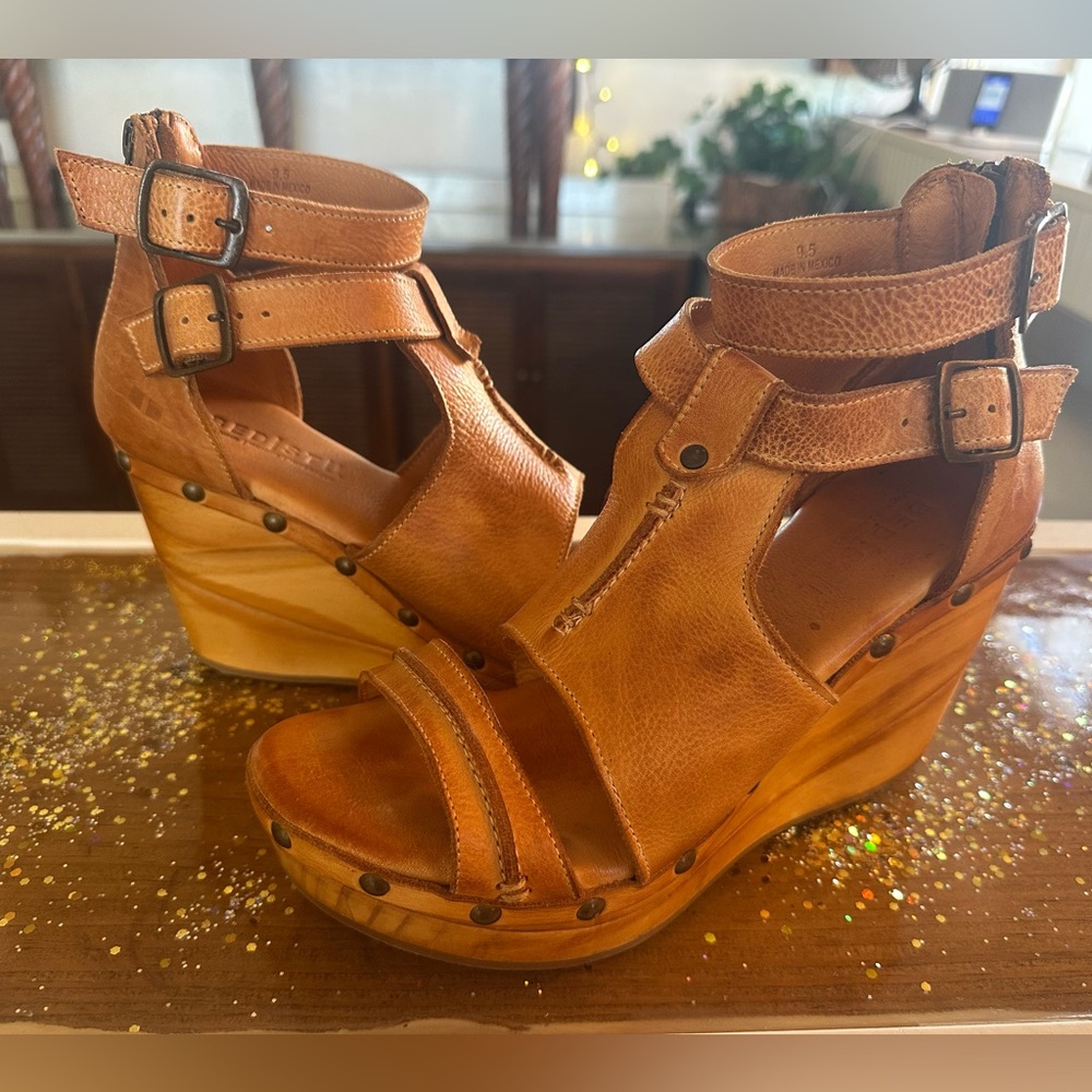 Bed Stu Tan Leather Wedge Sandals